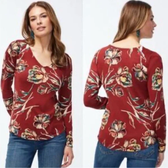 Chico’s Floral Spun Rayon V-Neck Rust Lightweight Sweater Size 0 Oversized Fit - Picture 2 of 5